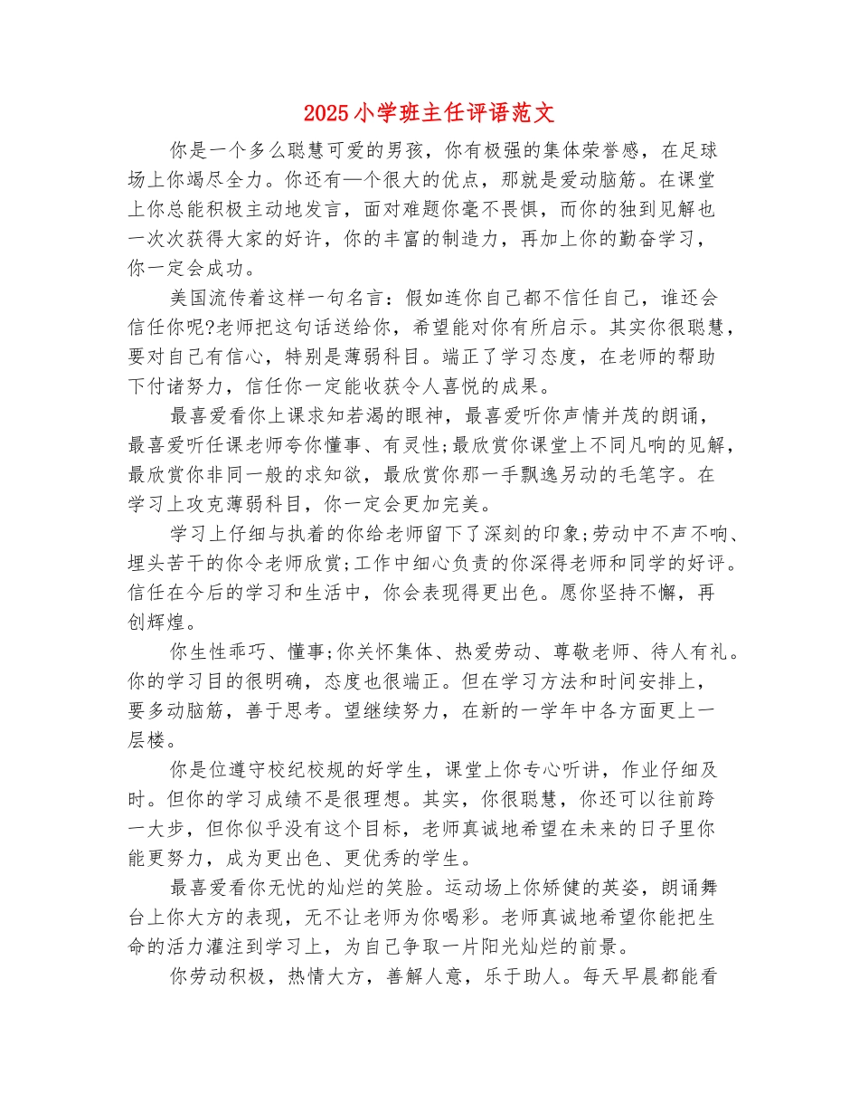 范本：2025小学班主任评语范文_第2页