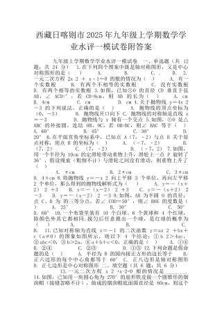 西藏日喀则市2025年九年级上学期数学学业水评一模试卷附答案