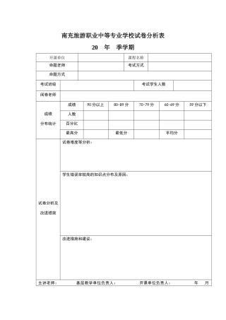 试卷分析表及考场纪录