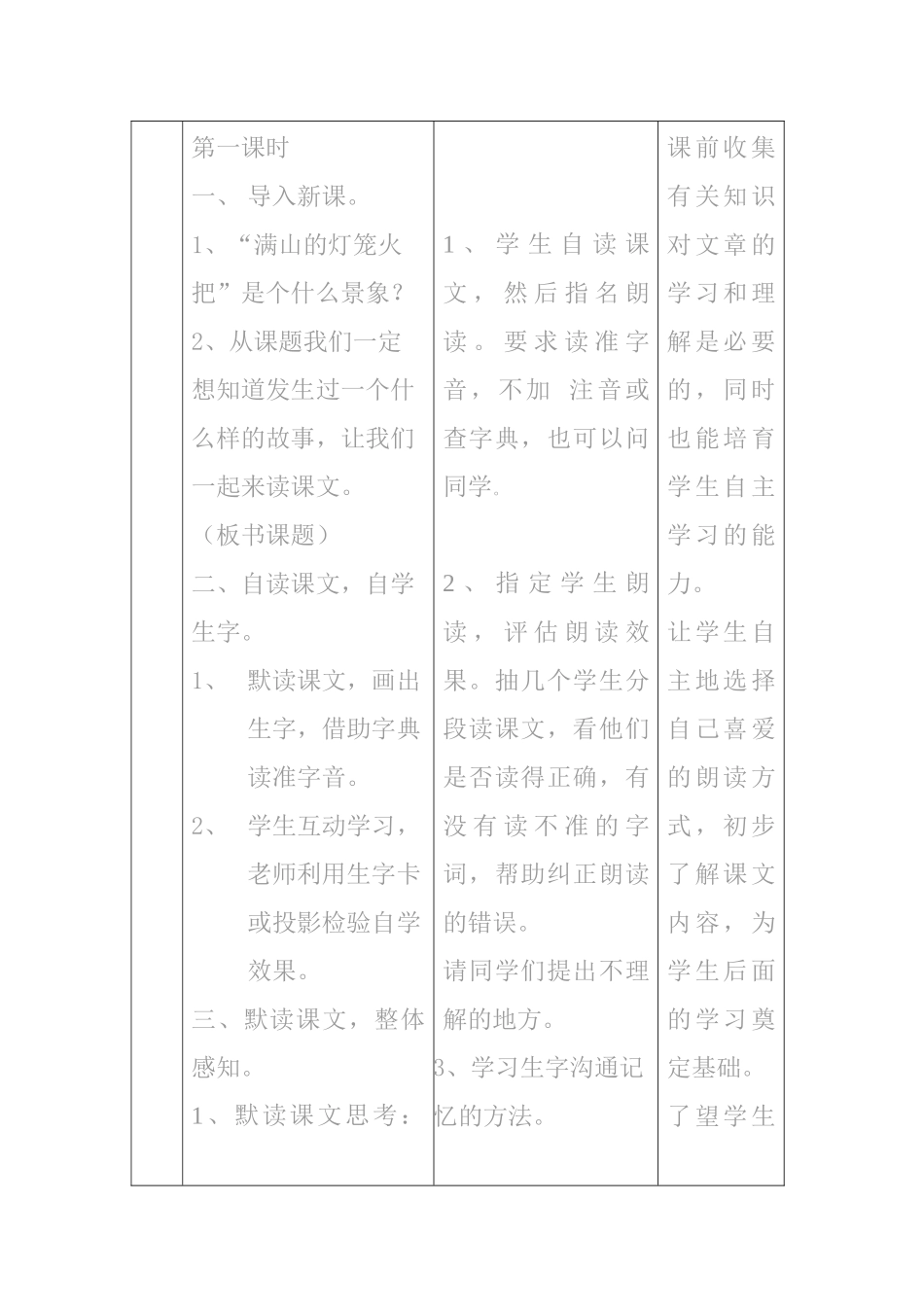 语文S版四年级上册《满山的灯笼火把》表格式教案_第2页