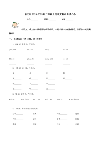语文版2025-2025年二年级上册语文期中考试C卷