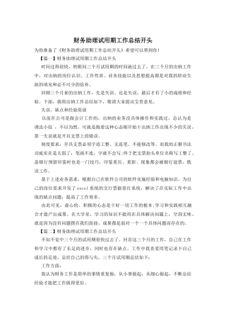 财务助理试用期工作总结开头