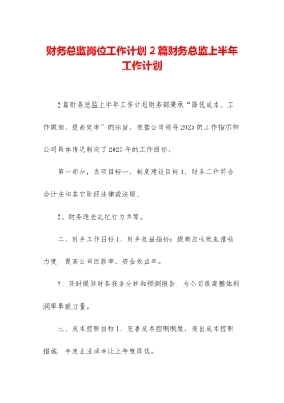 财务总监岗位工作计划-2篇财务总监上半年工作计划
