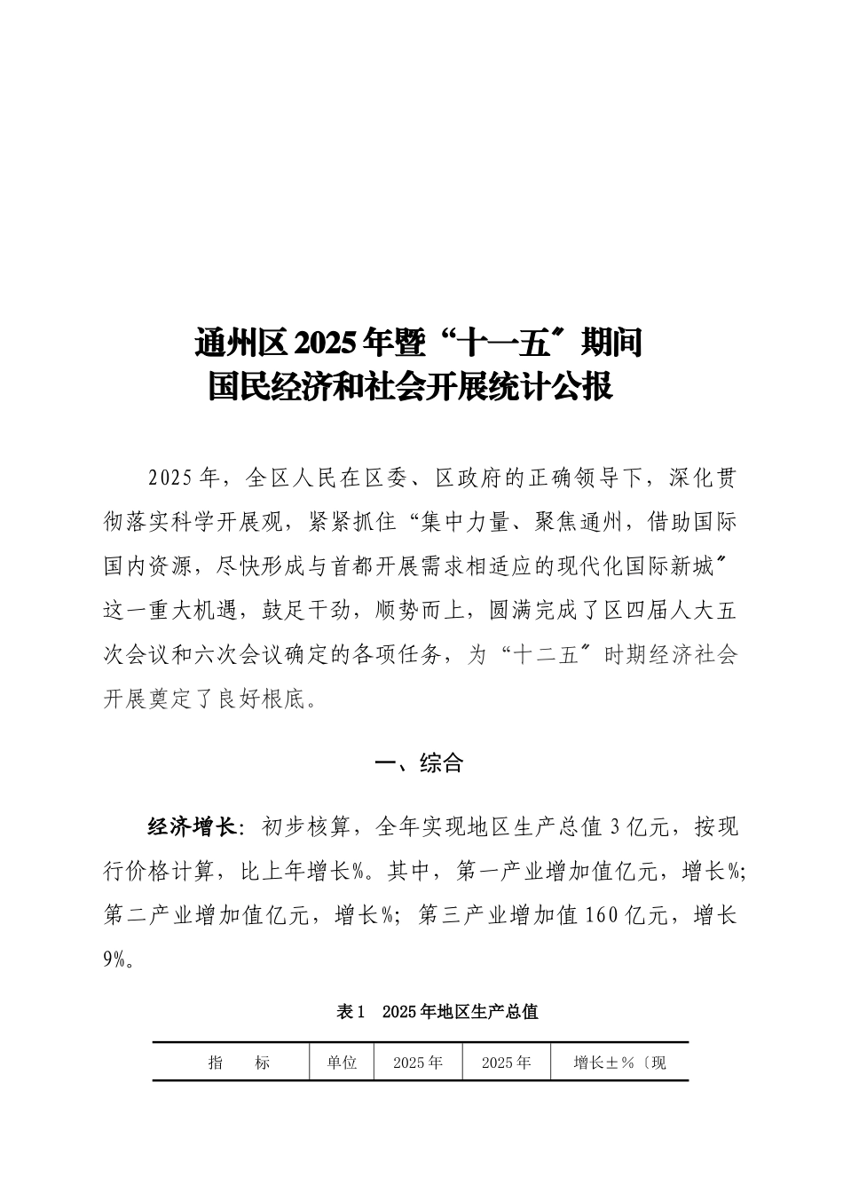 通州区年度国民经济和社会发展统计公报_第1页