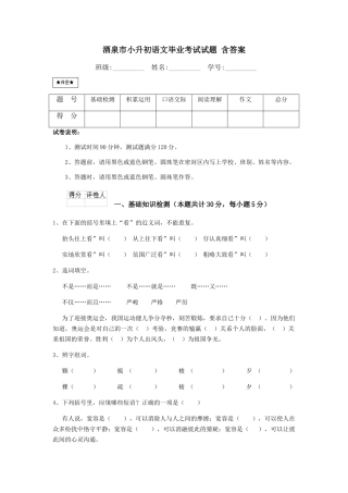 酒泉市小升初语文毕业考试试题-含答案