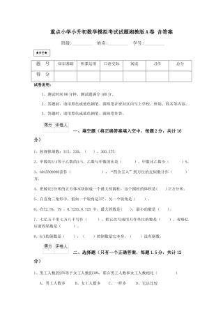 重点小学小升初数学模拟考试试题湘教版A卷-含答案
