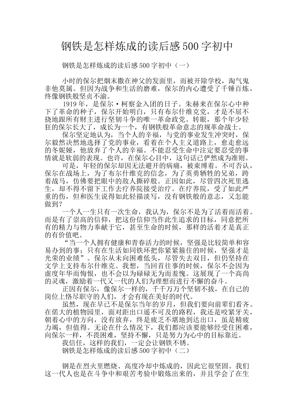 钢铁是怎样炼成的读后感500字初中_第1页