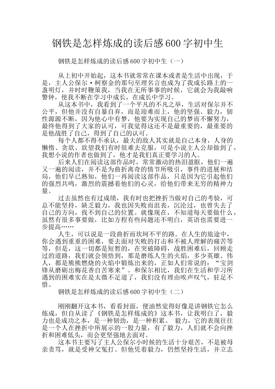钢铁是怎样炼成的读后感600字初中生_第1页