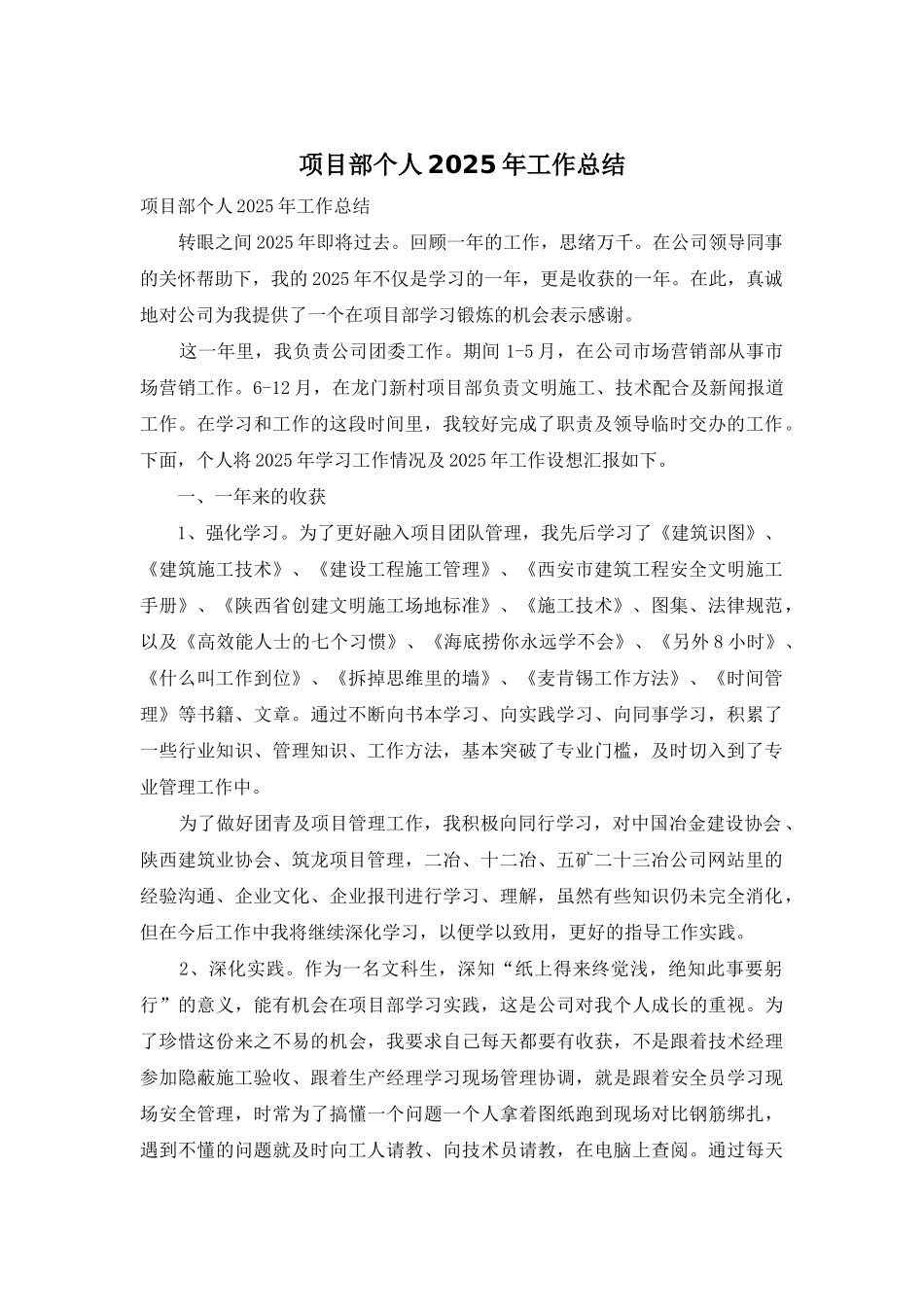 项目部个人2025年工作总结_第1页