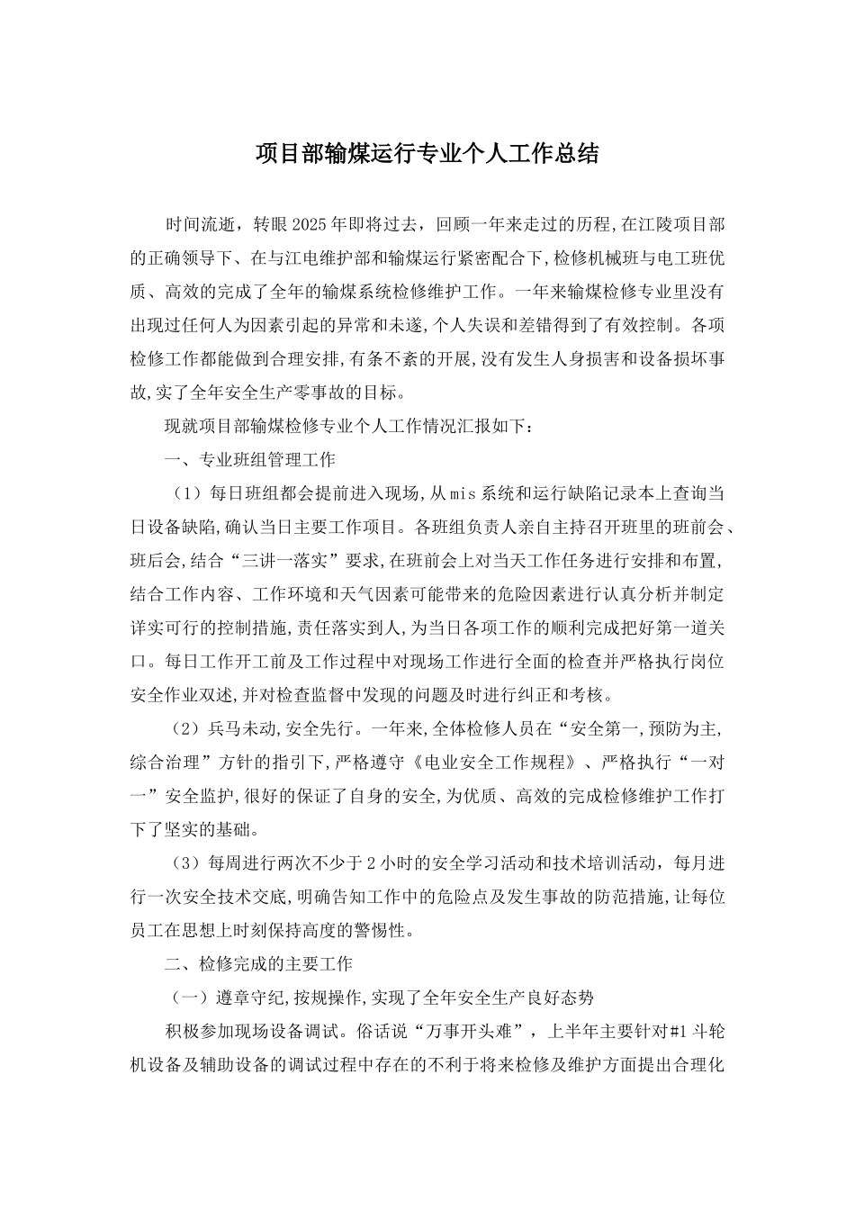 项目部输煤运行专业个人工作总结_第1页