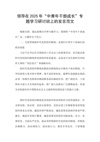 领导在2025年“中青年干部成长”专题学习研讨班上的发言范文