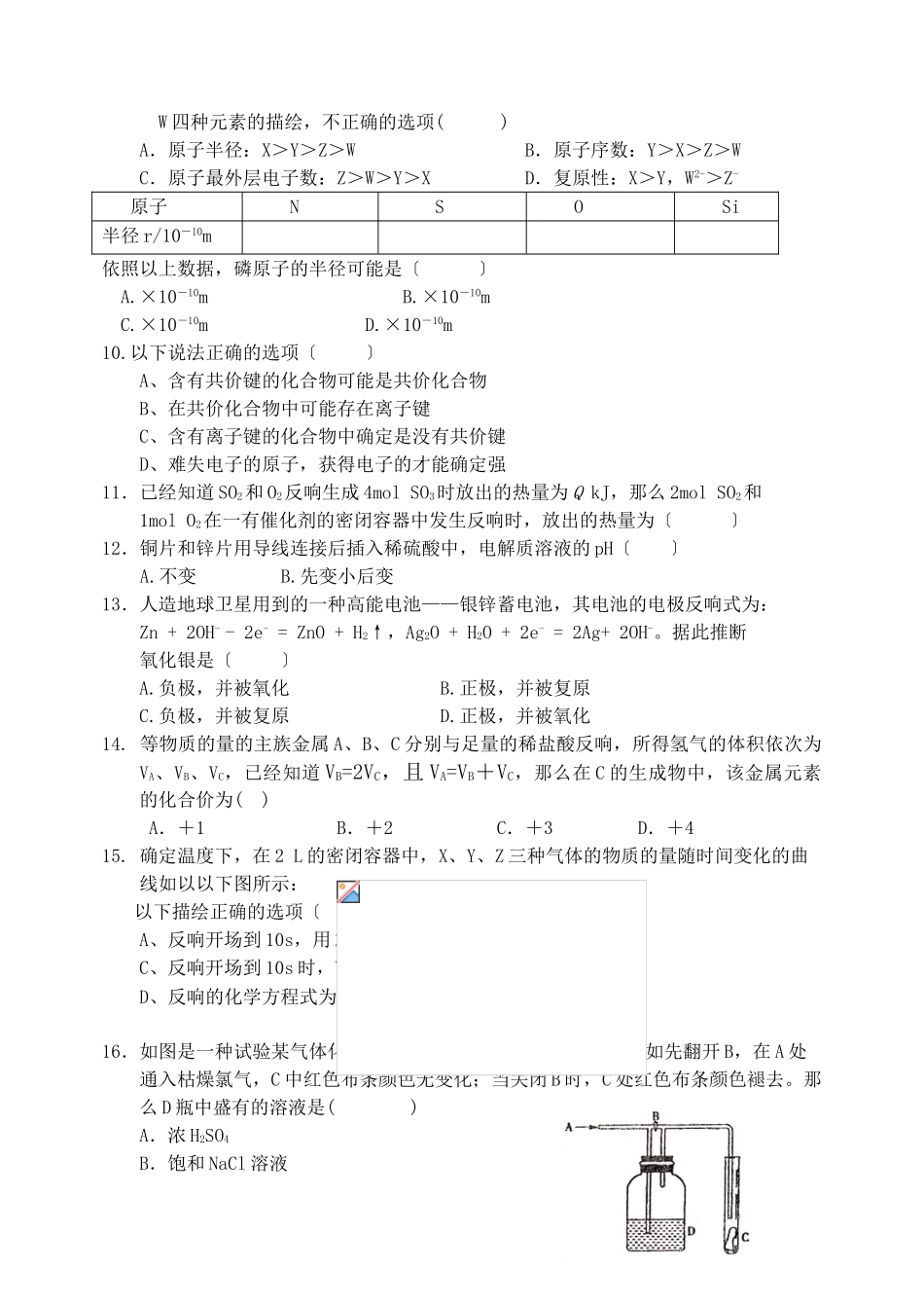 高一化学下学期期中模拟试卷_第2页