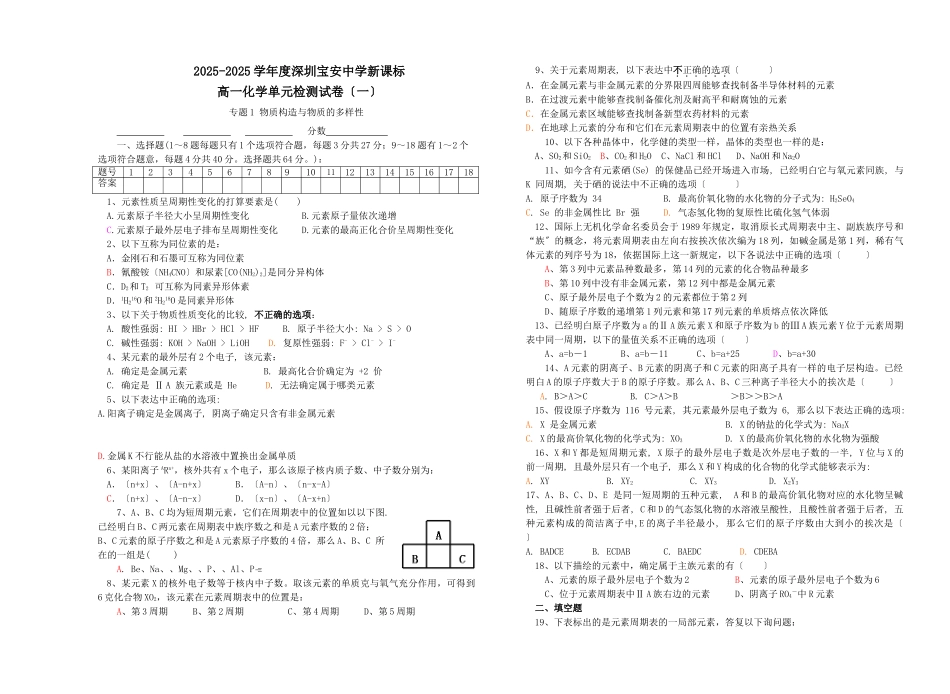 高一化学单元检测试卷_第1页