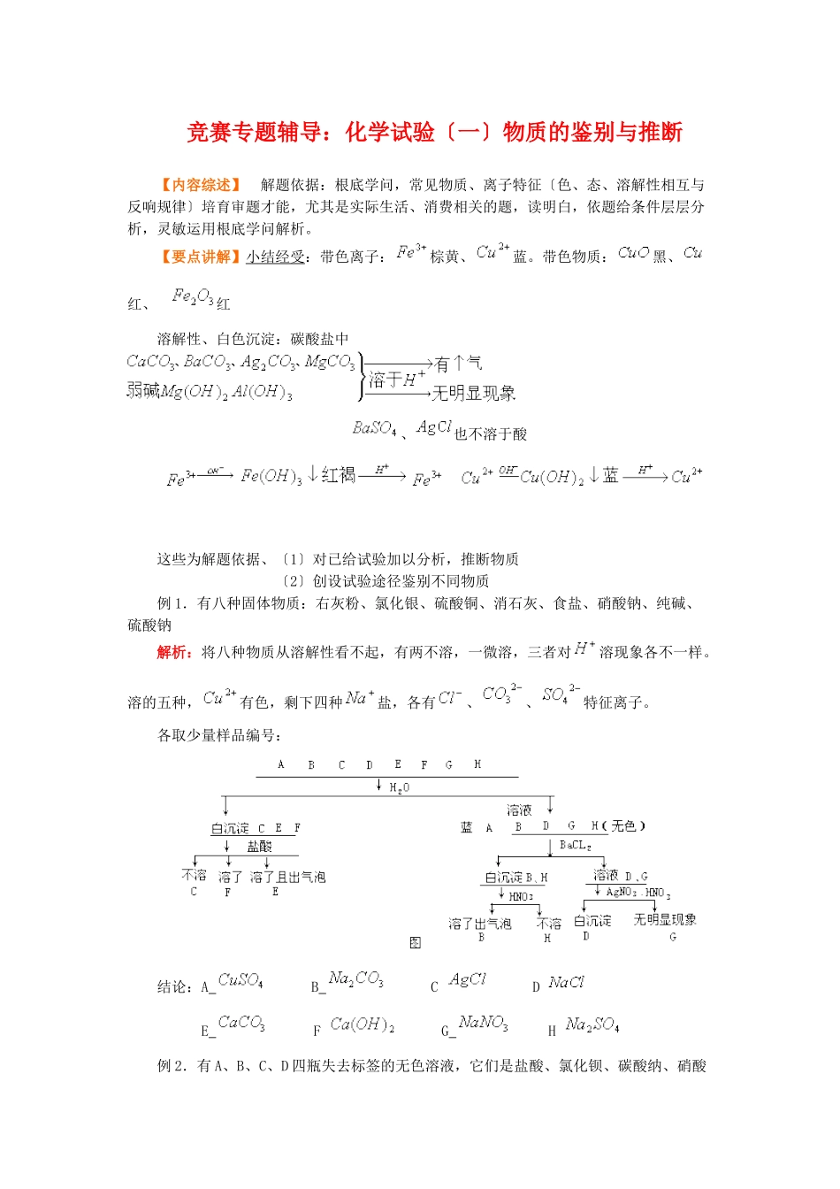 高一化学物质的鉴别与推断测试题_第1页