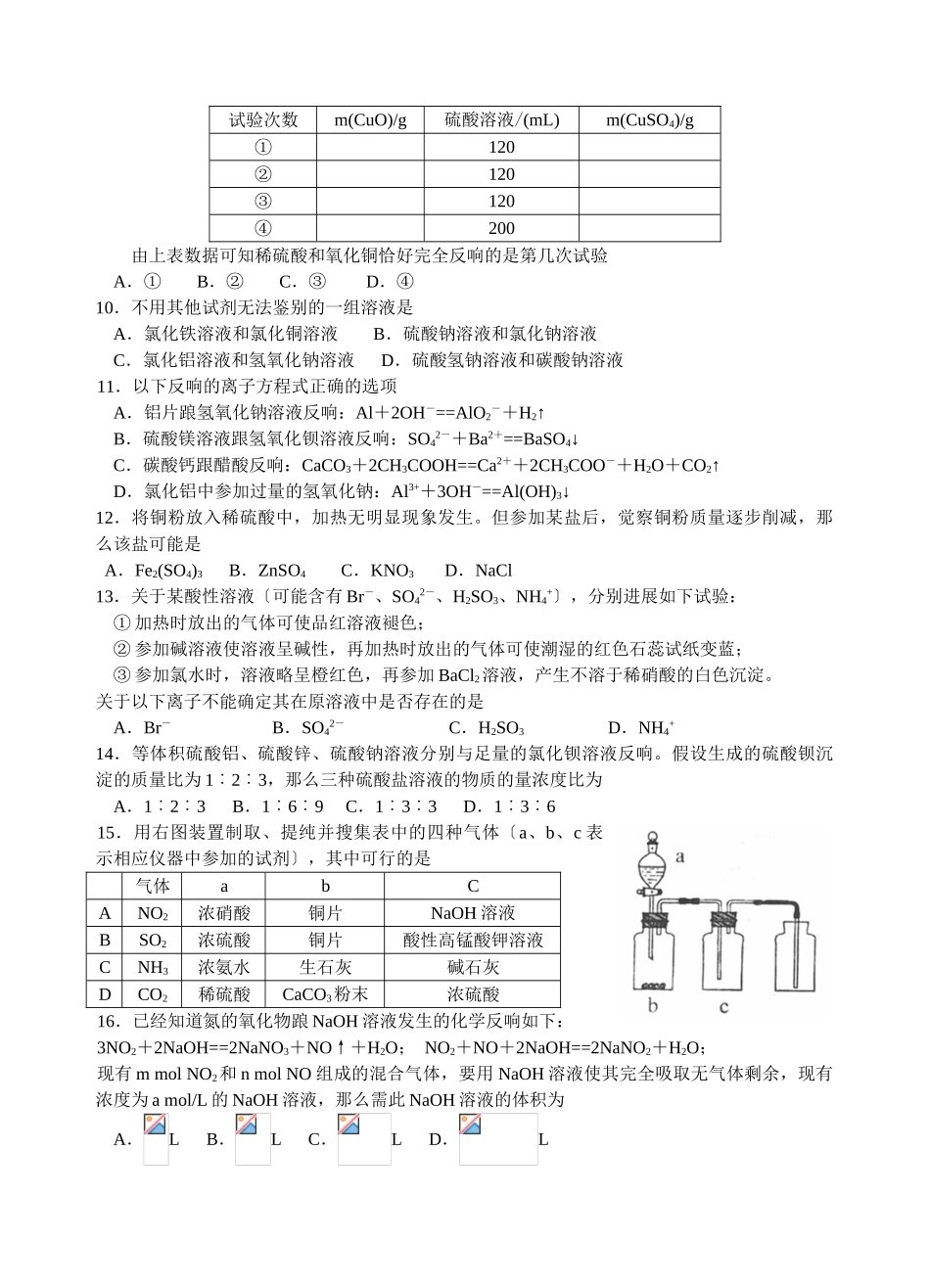 高一化学第一学期期末测试模拟试题_第2页