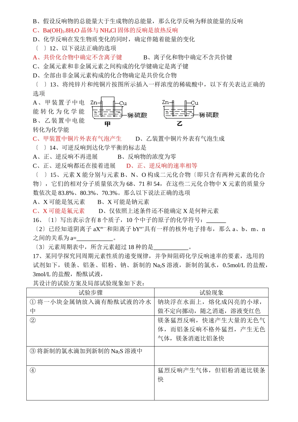 高一化学第二学期期中质量检测_第2页