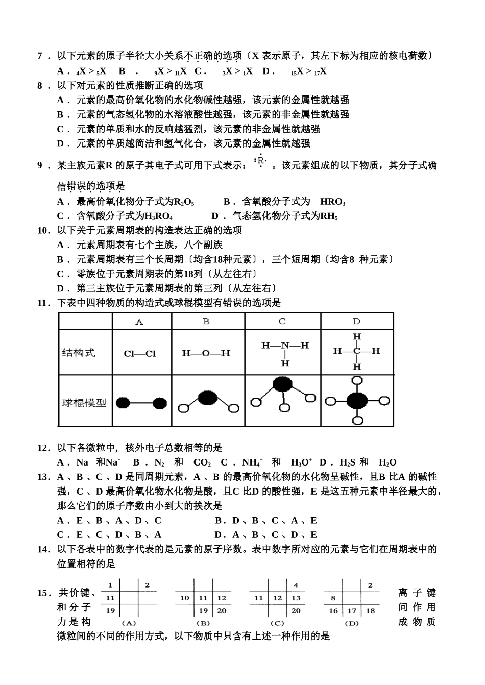 高一化学第二学期第一次质量检测试题卷_第2页