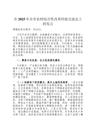 在2025年全市农村综合性改革经验交流会上的发言