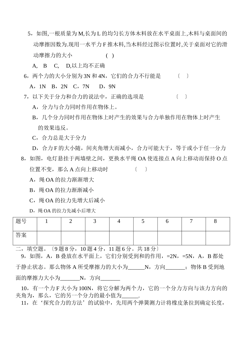 高一物理-第三章-相互作用测试题-新人教版必修1_第2页