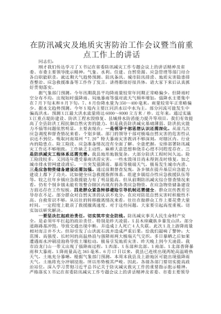 在防汛减灾及地质灾害防治工作会议暨当前重点工作上的讲话