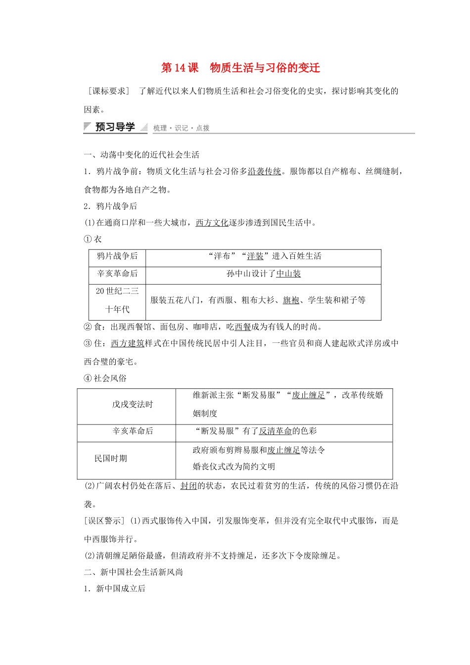 高中历史-第五单元-中国近现代社会生活的变迁-第14课-物质生活与习俗的变迁课时作业-新人教版必修2_第1页