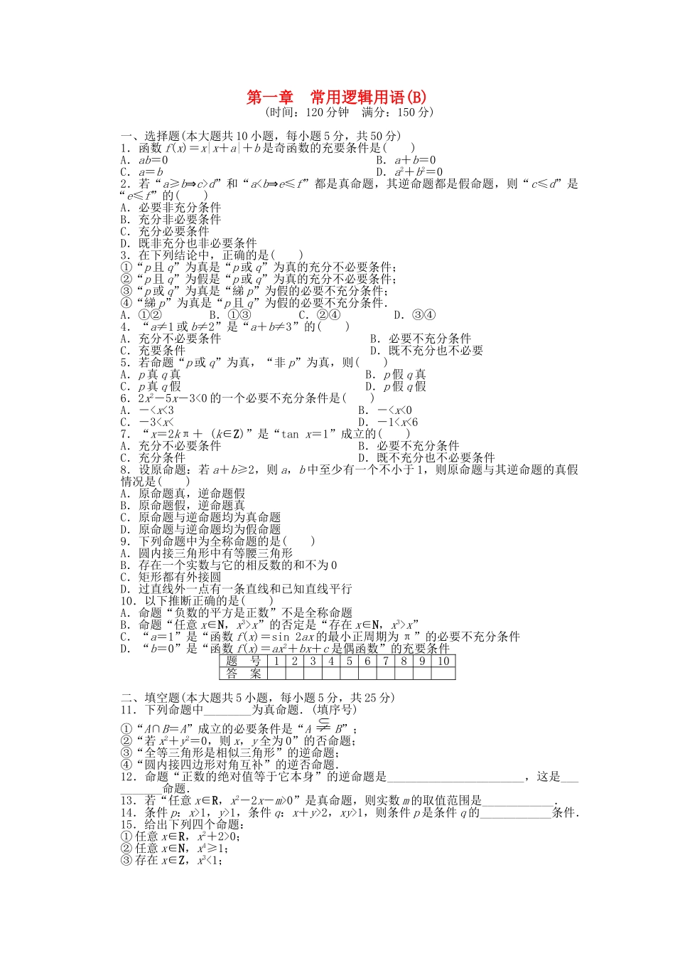 高中数学-第一章-常用逻辑用语章末检测北师大版选修2-1_第1页