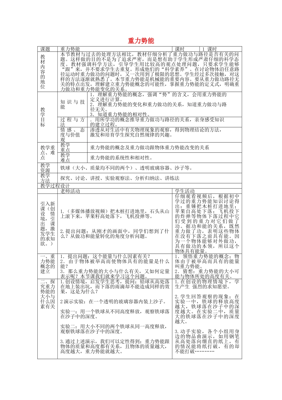 高中物理-重力势能教学设计-新人教版必修21_第1页