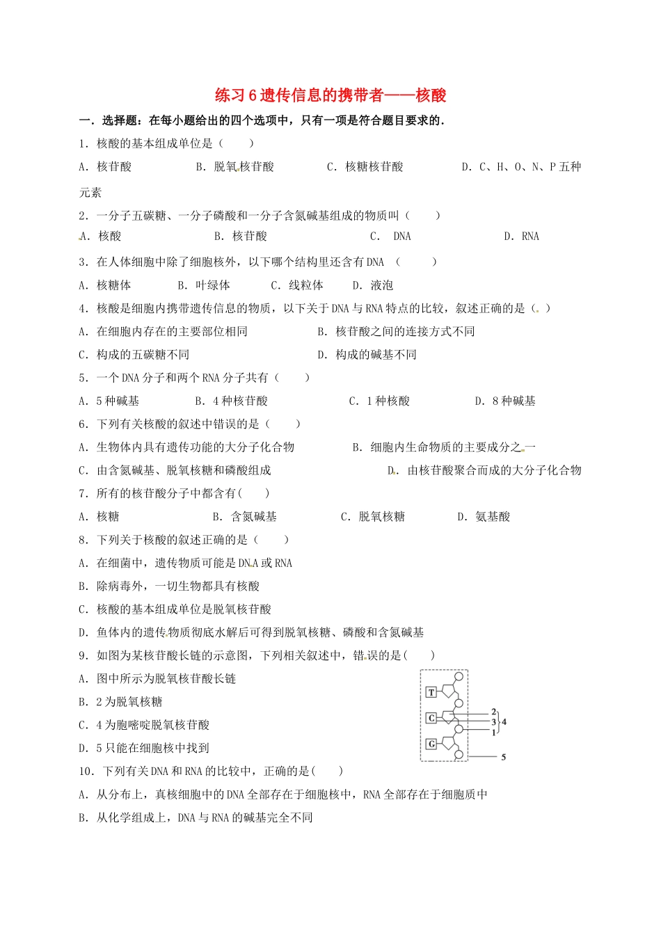 高中物理23-遗传信息的携带者核酸习题-新人教版必修1_第1页