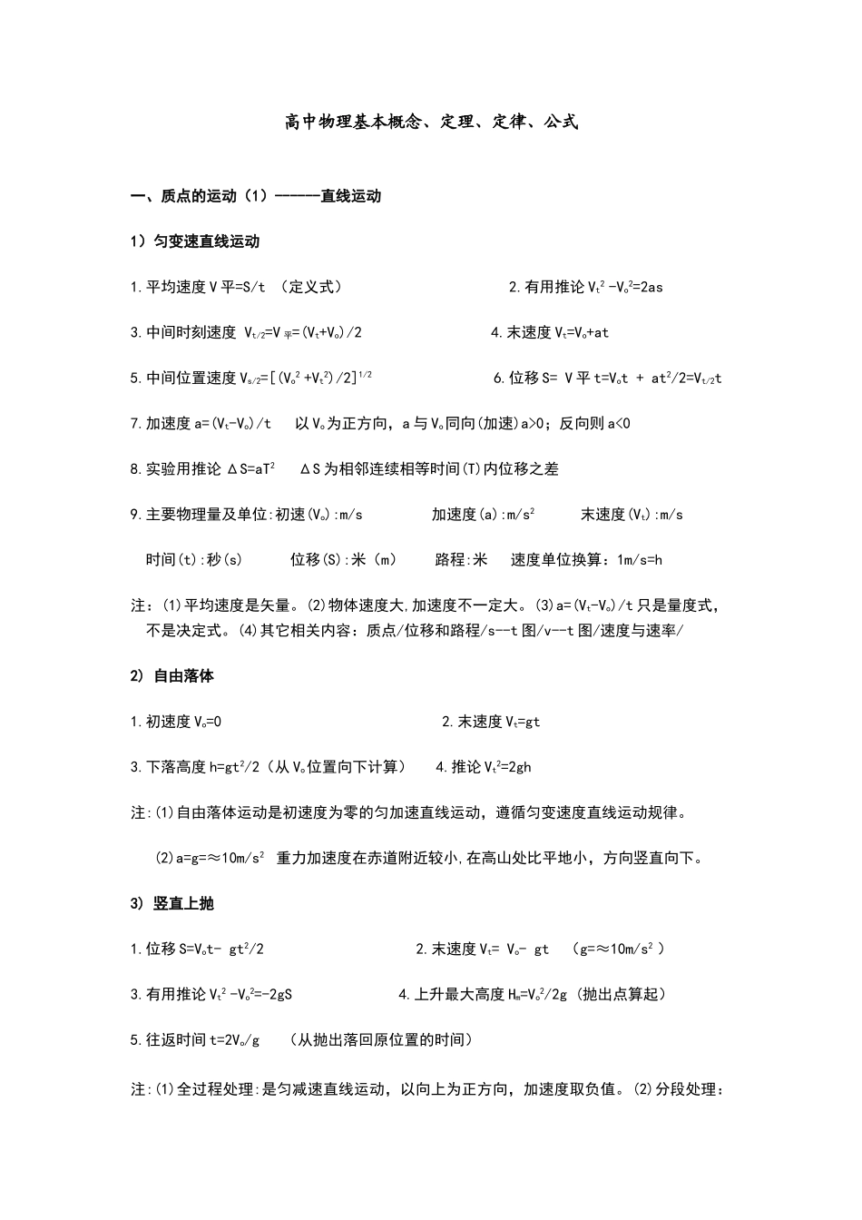 高中物理基本概念、定理、定律、公式大全_第1页