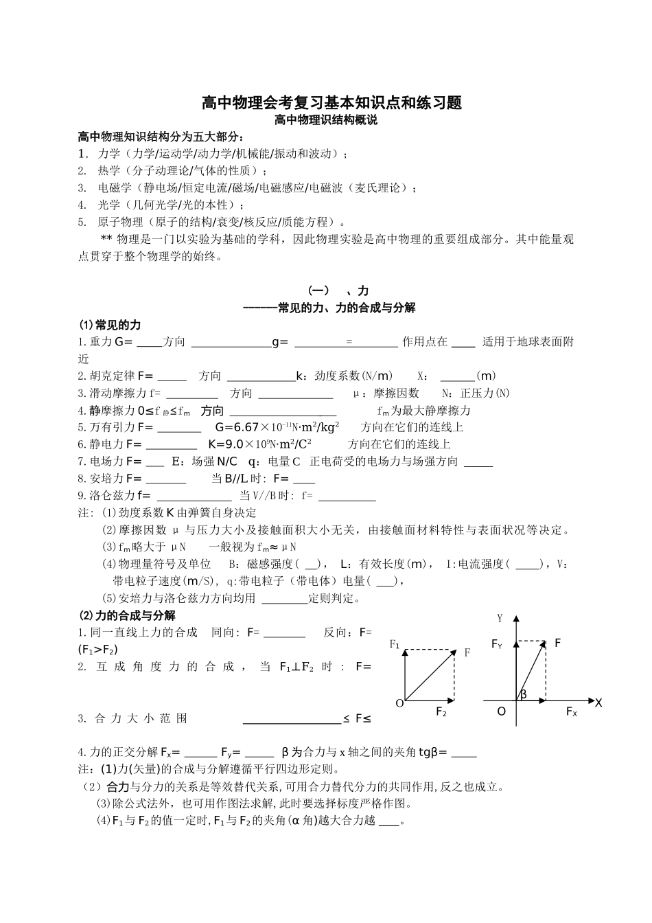 高中物理基本知识点复习和配套练习册共45页也可作高三第一轮复习用_第1页