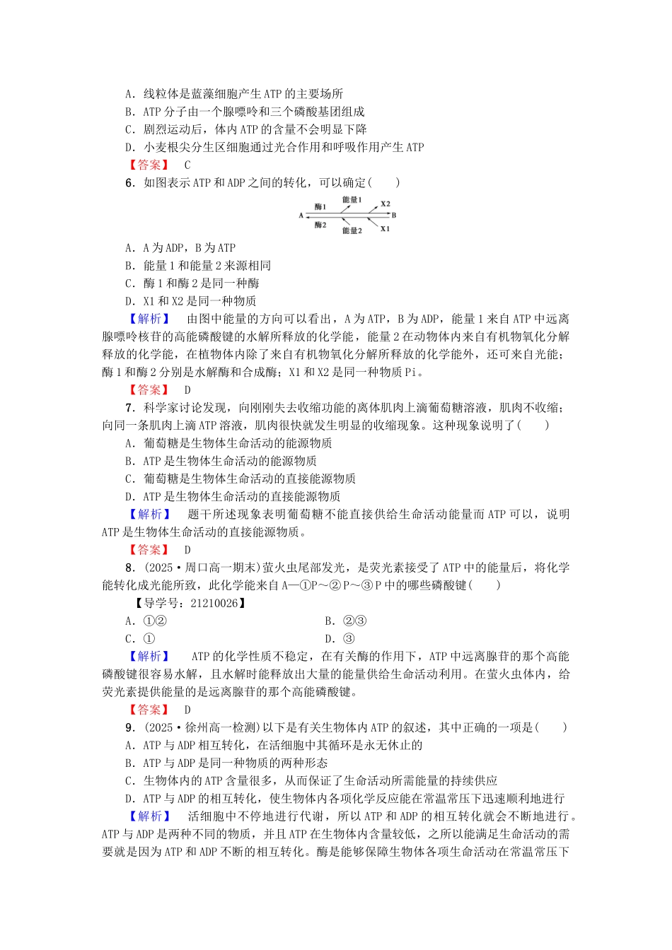 高中生物--光合作用和细胞呼吸--ATP和酶时生命活动的能量通货——ATP学业分层测评-苏教版必修1_第2页