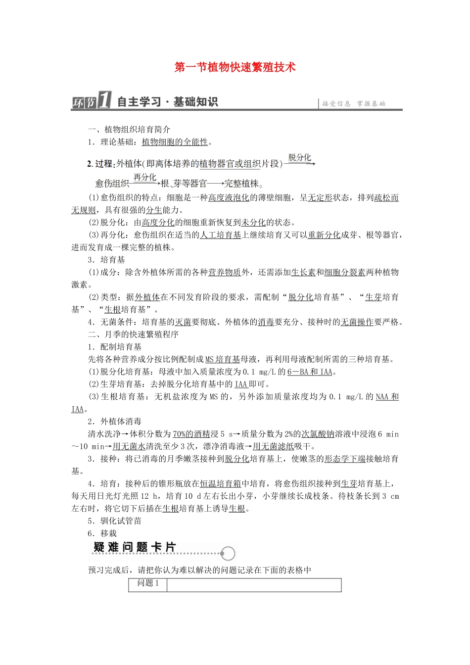 高中生物--植物的组织培养技术--植物快速繁殖技术教案-中图版选修1_第1页
