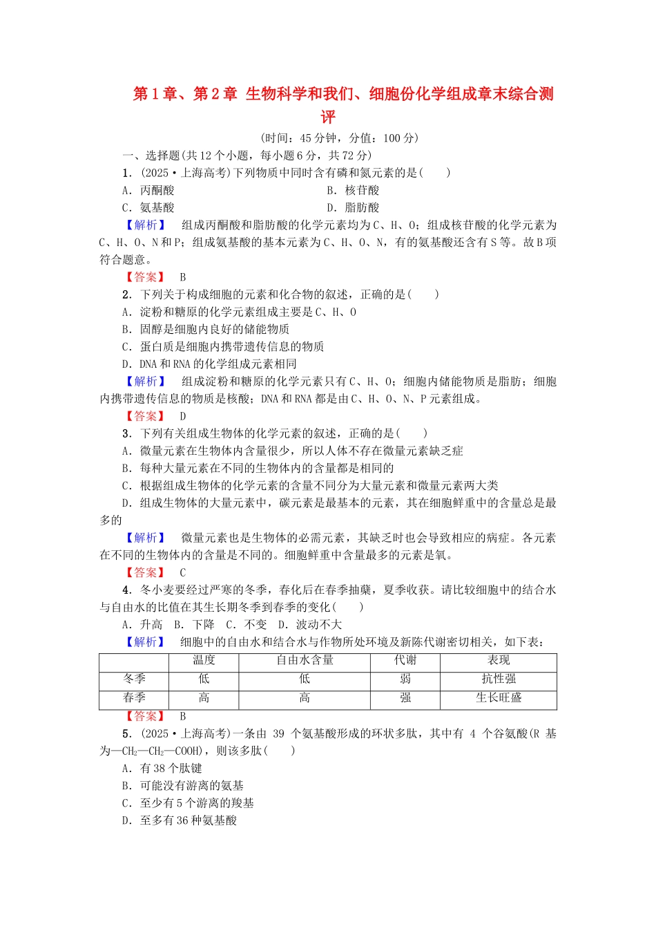 高中生物--生物科学和我们细胞份化学组成章末综合测评-苏教版必修1_第1页