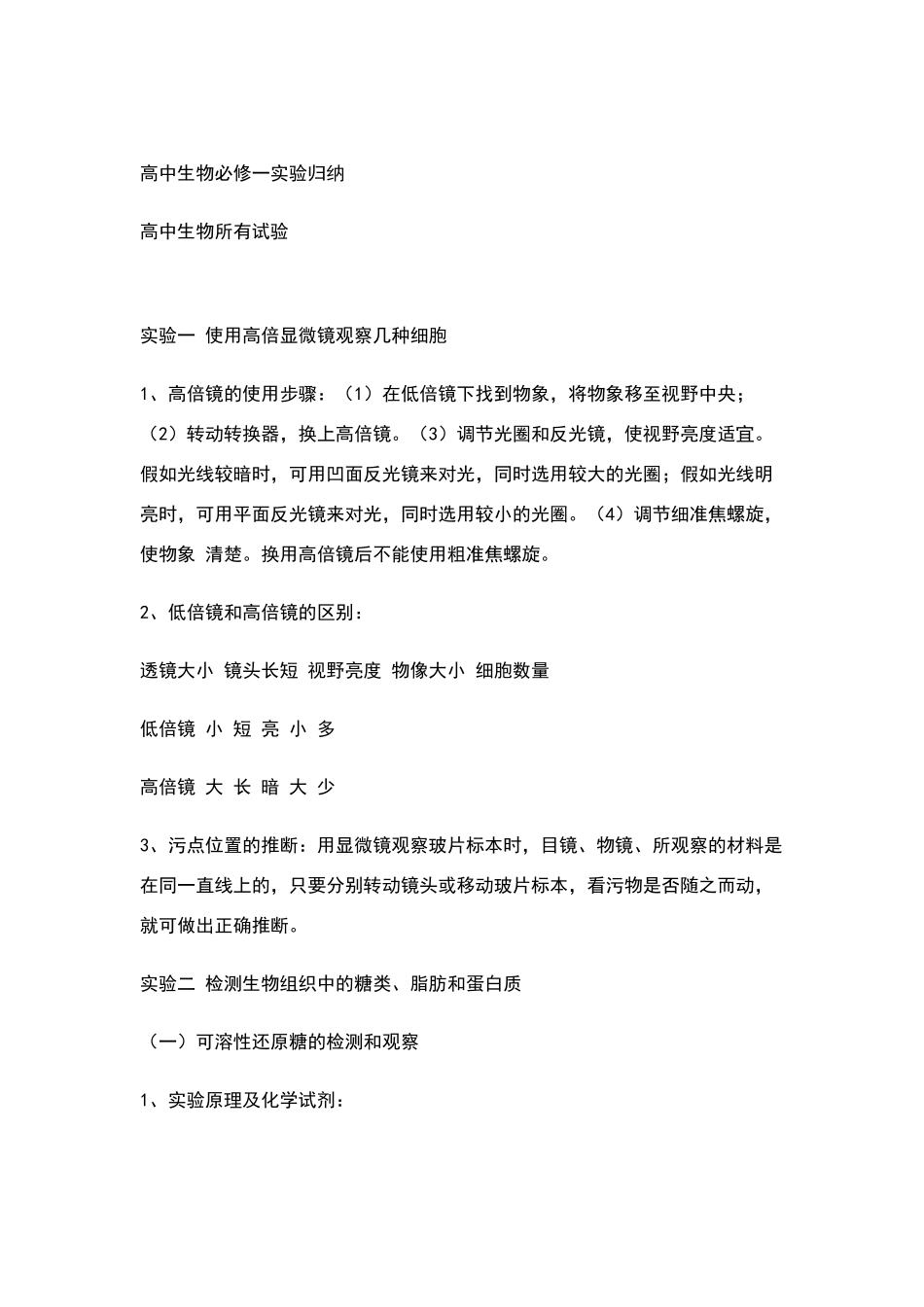 高中生物必修课本实验归纳_第1页
