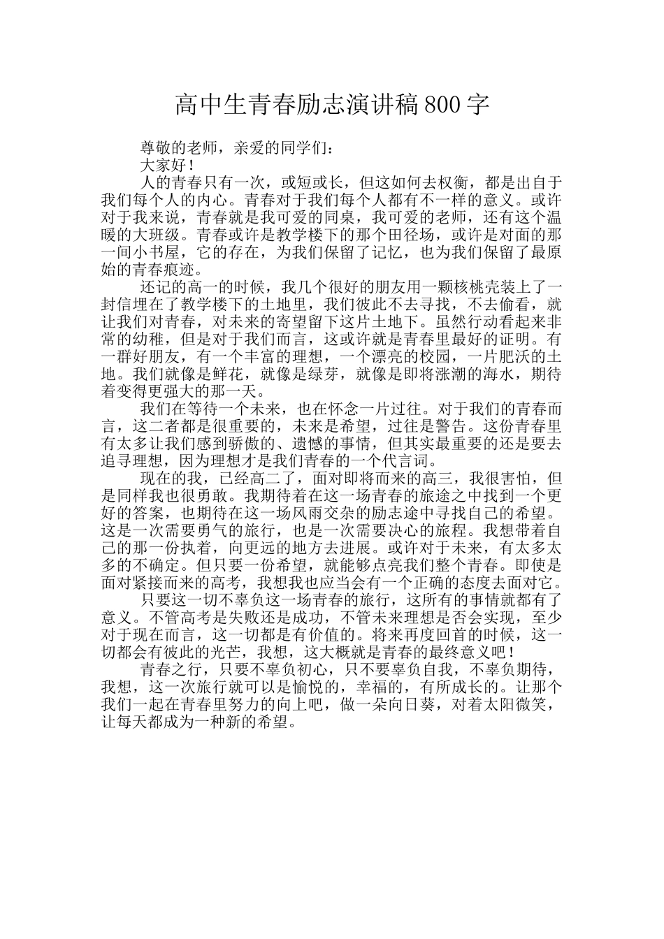 高中生青春励志演讲稿800字_第1页