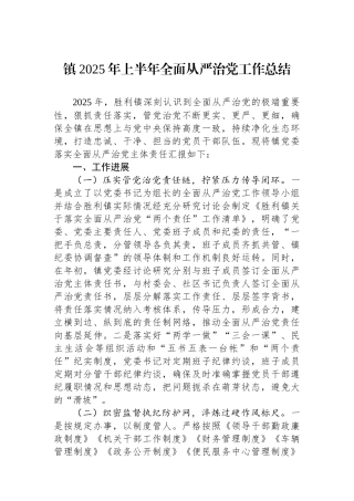 镇2025年上半年全面从严治党工作总结