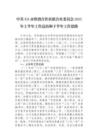 中共XX市供销合作社联合社委员会2025年上半年工作总结和下半年工作思路