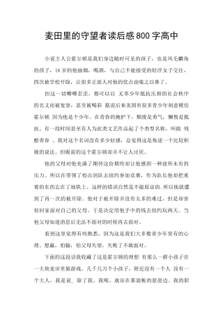 麦田里的守望者读后感800字高中