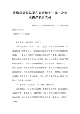 黄梅县县长马梁在县政协十一届一次会议委员发言大会
