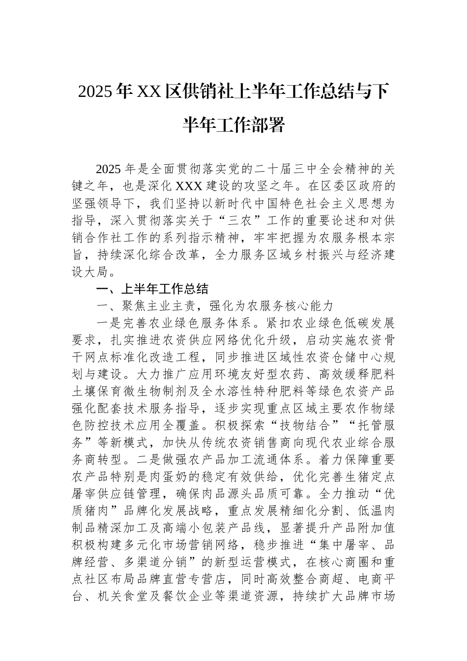 2025年XX区供销社上半年工作总结与下半年工作部署_第1页