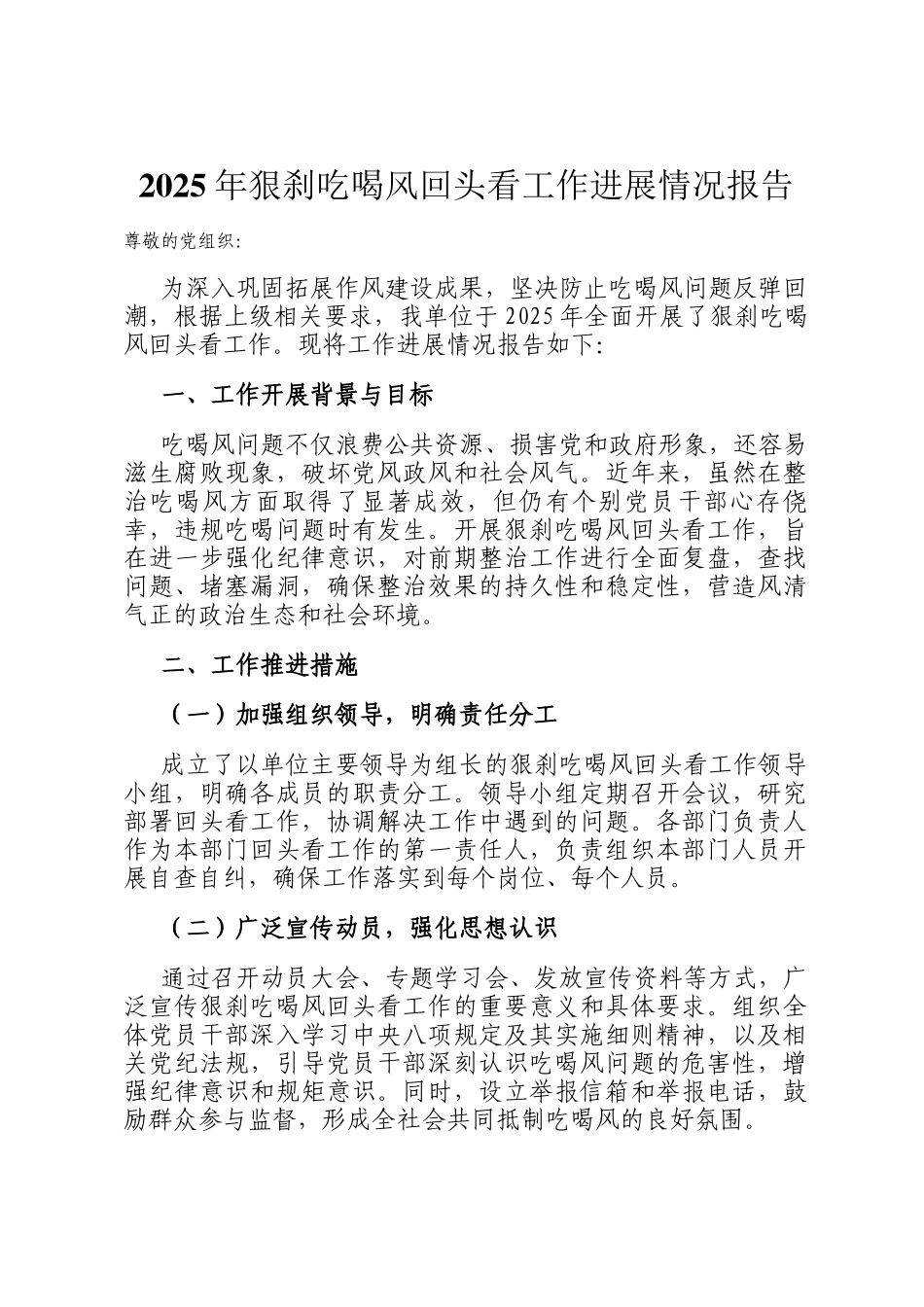 2025年狠刹吃喝风回头看工作进展情况报告_第1页