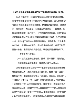 2025年集团上半年落实全面从严治党工作情况总结报告