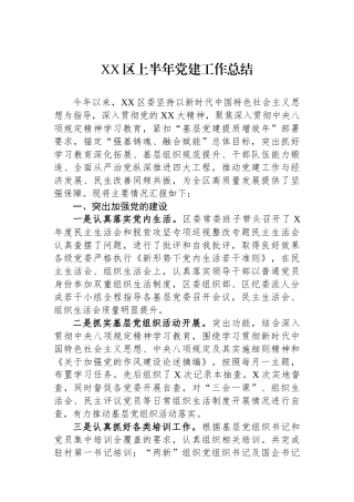 XX区上半年党建工作总结