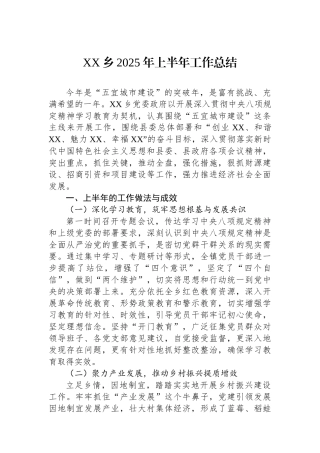 XX乡2025年上半年工作总结