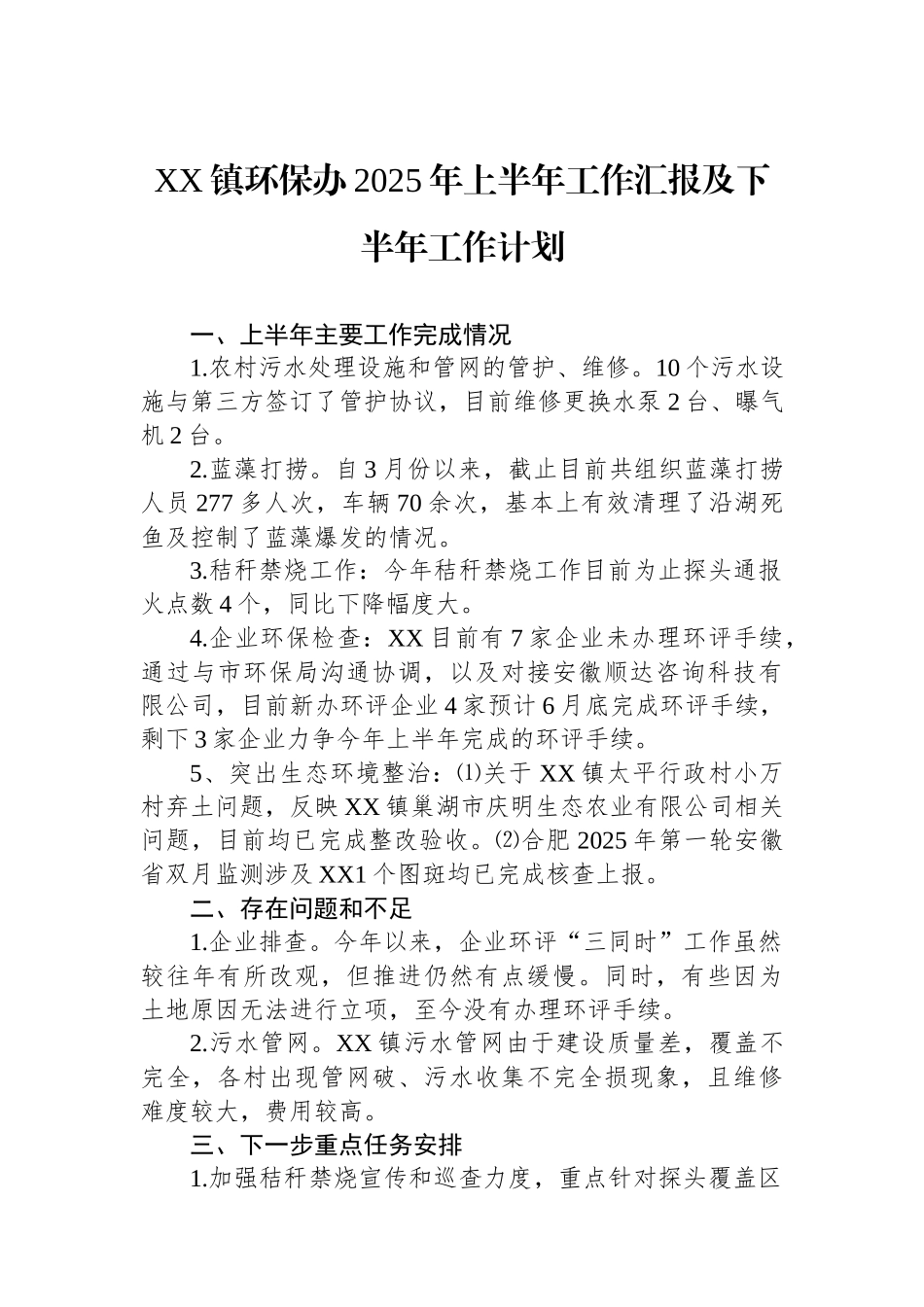 XX镇环保办2025年上半年工作汇报及下半年工作计划_第1页