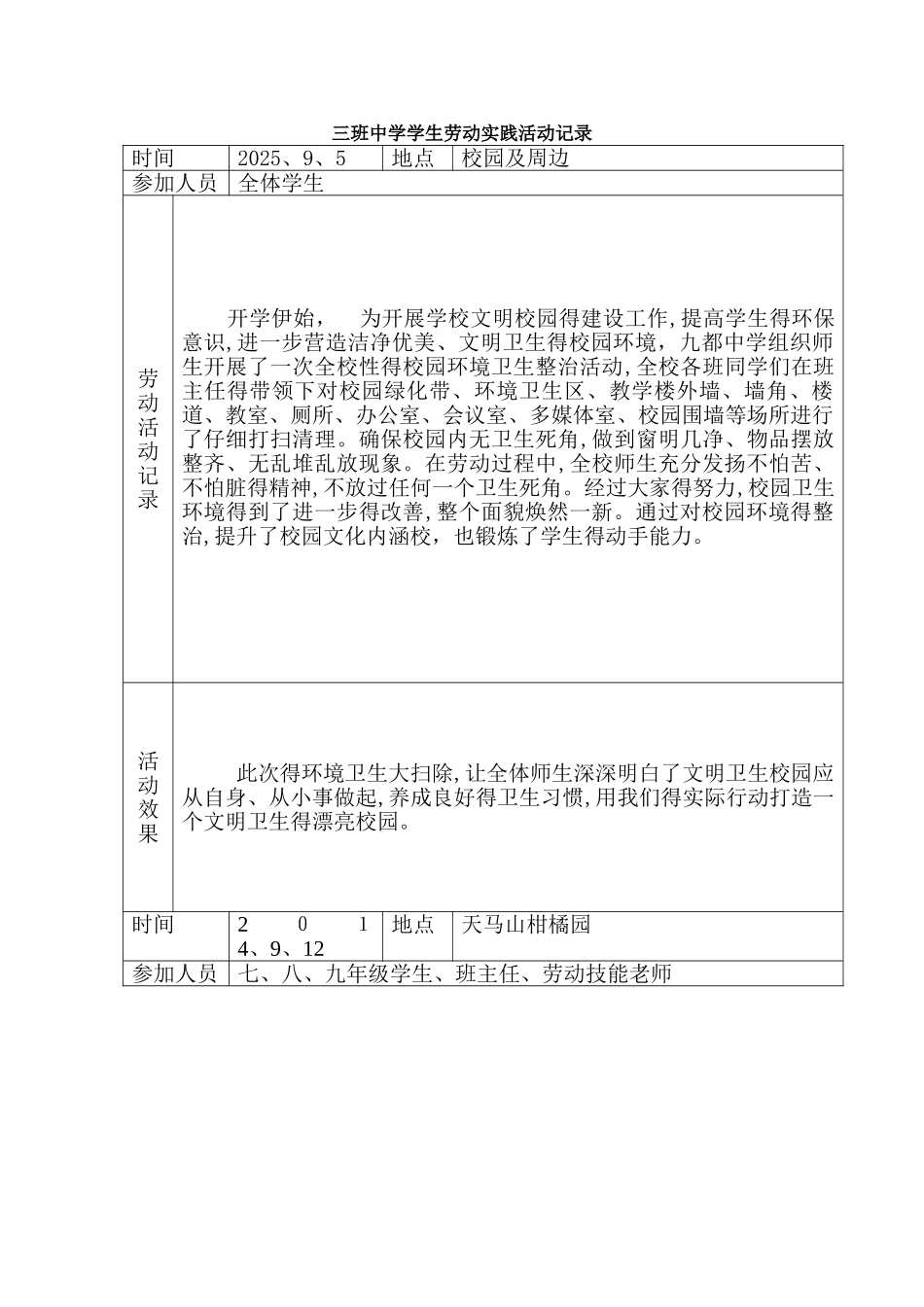 -三班中学学生劳动实践活动记录_第1页