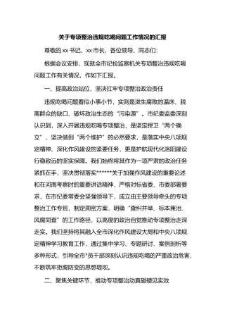 关于专项整治违规吃喝问题工作情况的汇报