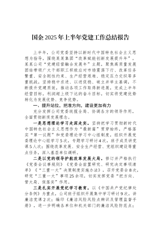 国企2025年上半年党建工作总结报告