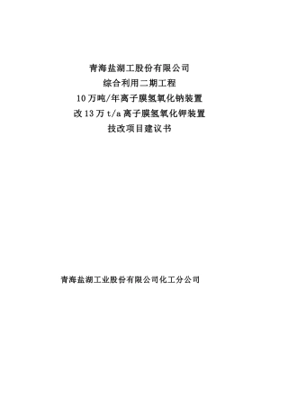 10万吨年离子膜氢氧化钠装置改13万ta-子膜氢氧化钾装置-技改建设项目可行性研究报告