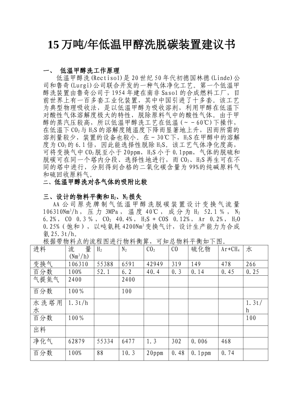 15万吨低温甲醇洗脱碳建议书_第1页